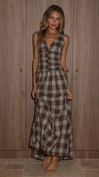 Damen Maxikleid mit Karomuster und V-Ausschnitt