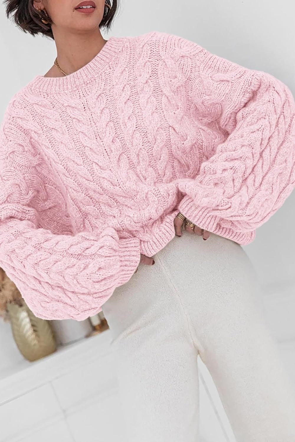 Pullover mit Strickstruktur in Weiß mit Rundhalsausschnitt