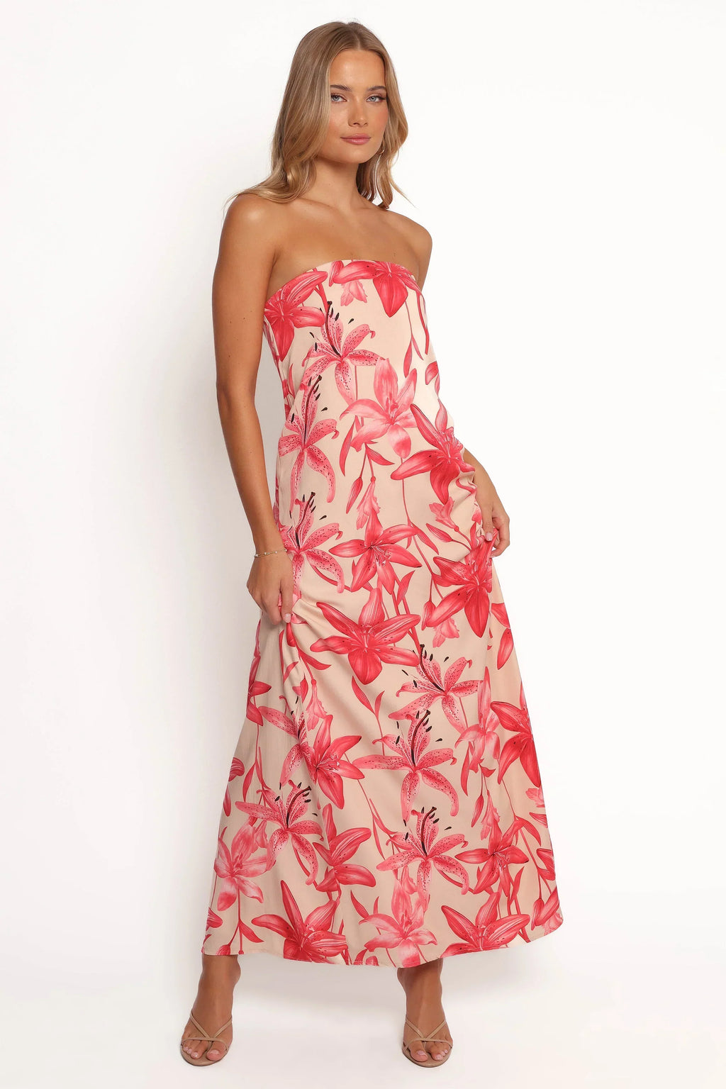 Lani – Schulterfreies Maxikleid mit A-Linien-Rock und Blumenmuster