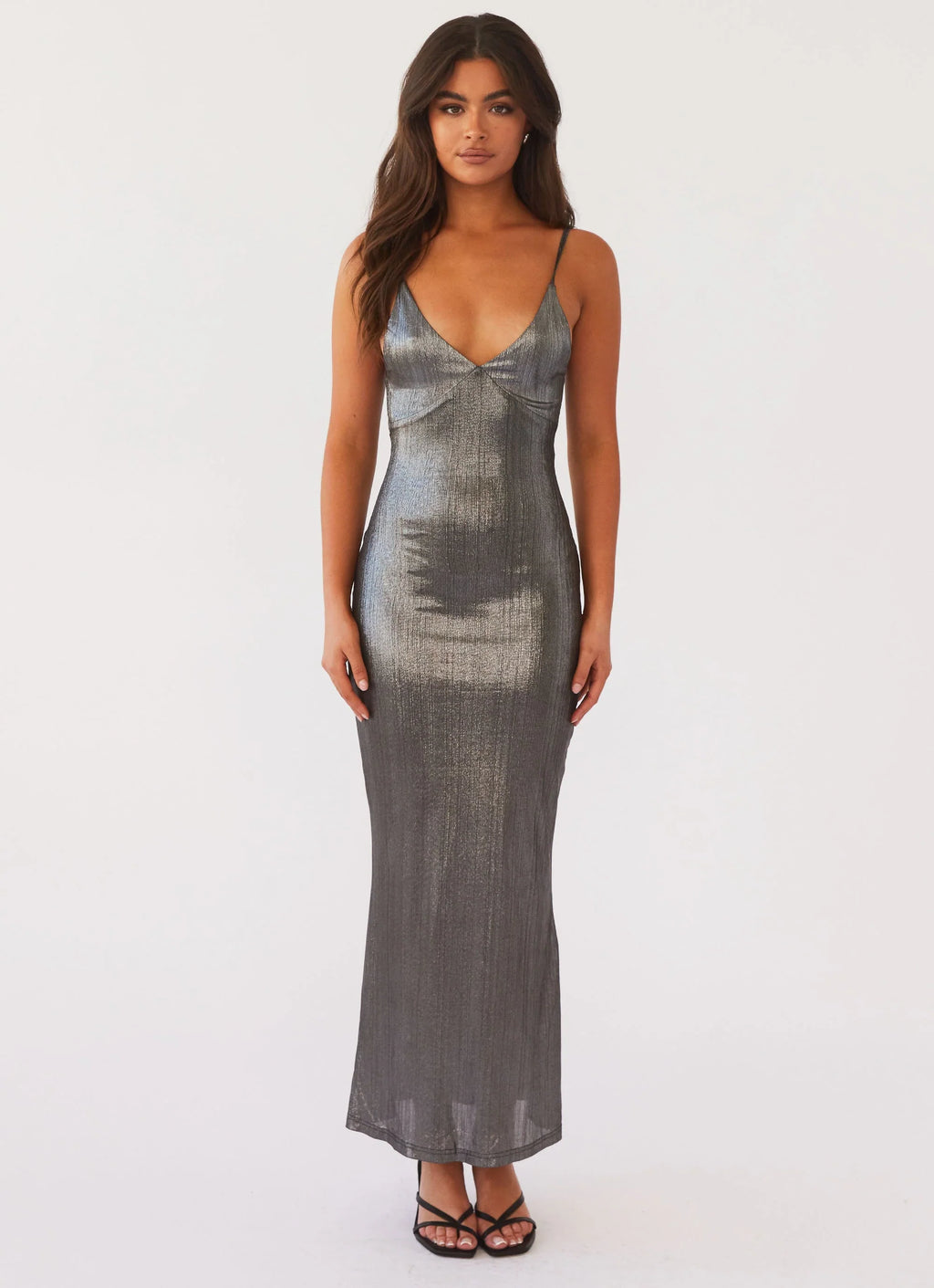 Damen Maxikleid mit Metallic-Effekt und Spaghettiträgern