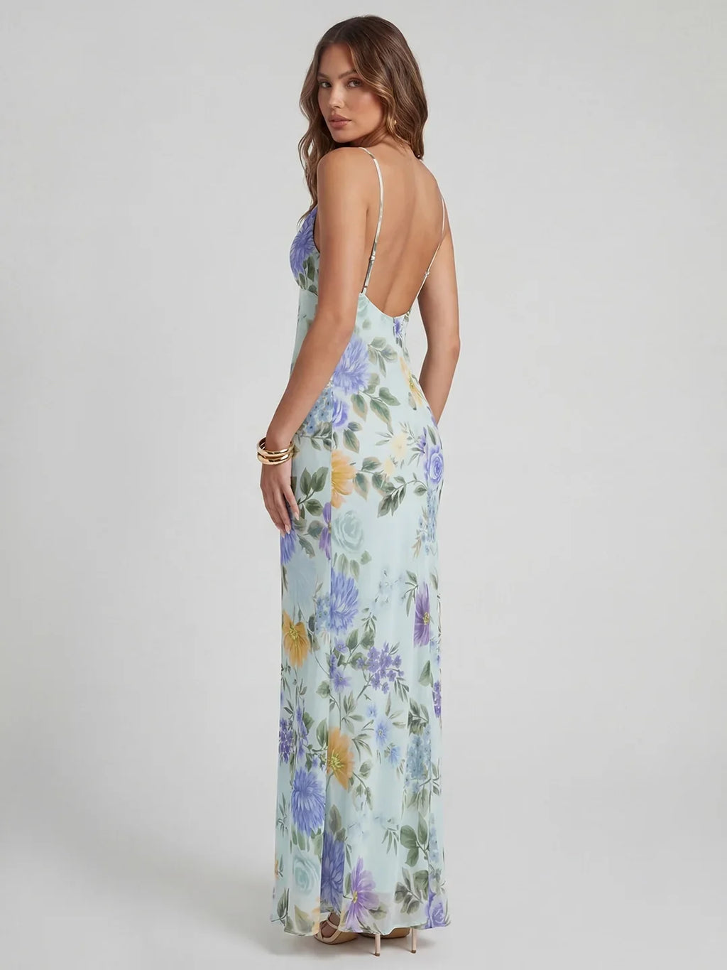 Romantic – Chiffon-Maxikleid mit Wasserfall-Ausschnitt und Blumenmuster