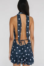 Rückenfreies Minikleid mit Neckholder, Punktemuster und Netzdetails