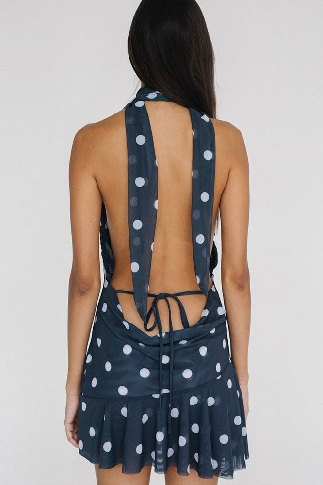 Rückenfreies Minikleid mit Neckholder, Punktemuster und Netzdetails
