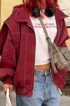 Jacke mit Reißverschluss, Farbblockmuster und Kunstleder