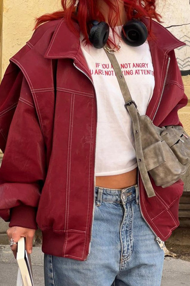 Jacke mit Reißverschluss, Farbblockmuster und Kunstleder