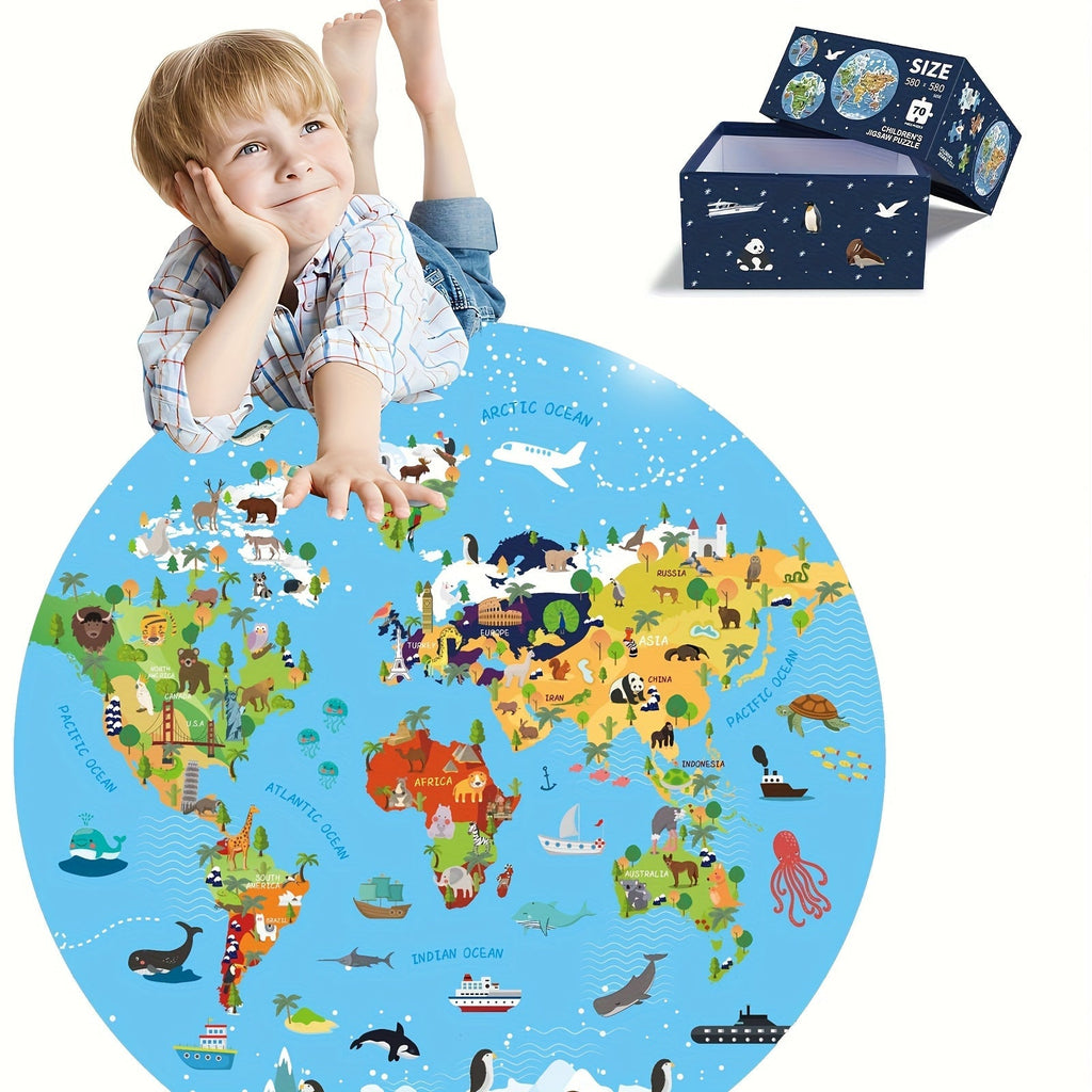 70-teiliges Tierbodenpuzzle: Rundes Weltkarten-Design für Kinder
