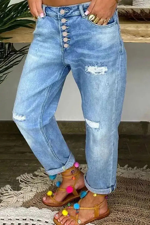 Low-Rise Straight-Leg-Jeans mit Used-Look und Knopfleiste