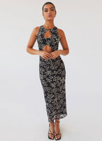 Figurbetontes Maxikleid mit Cut-outs und Mesh-Akzenten