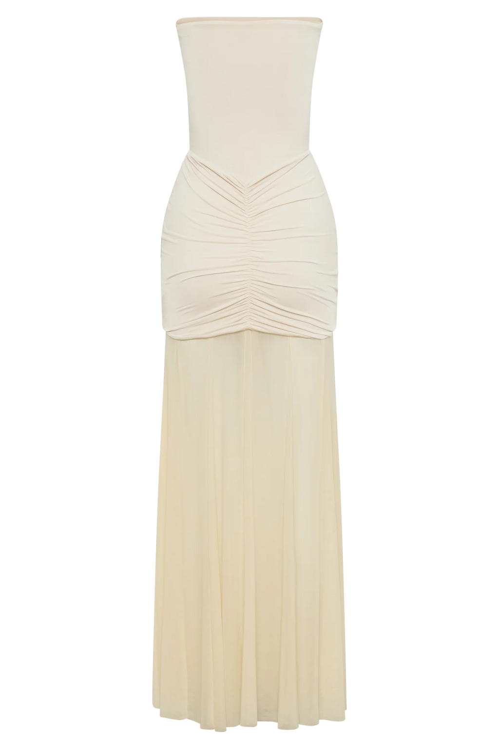 Caspian – Schulterfreies Maxikleid mit Mesh-Akzenten