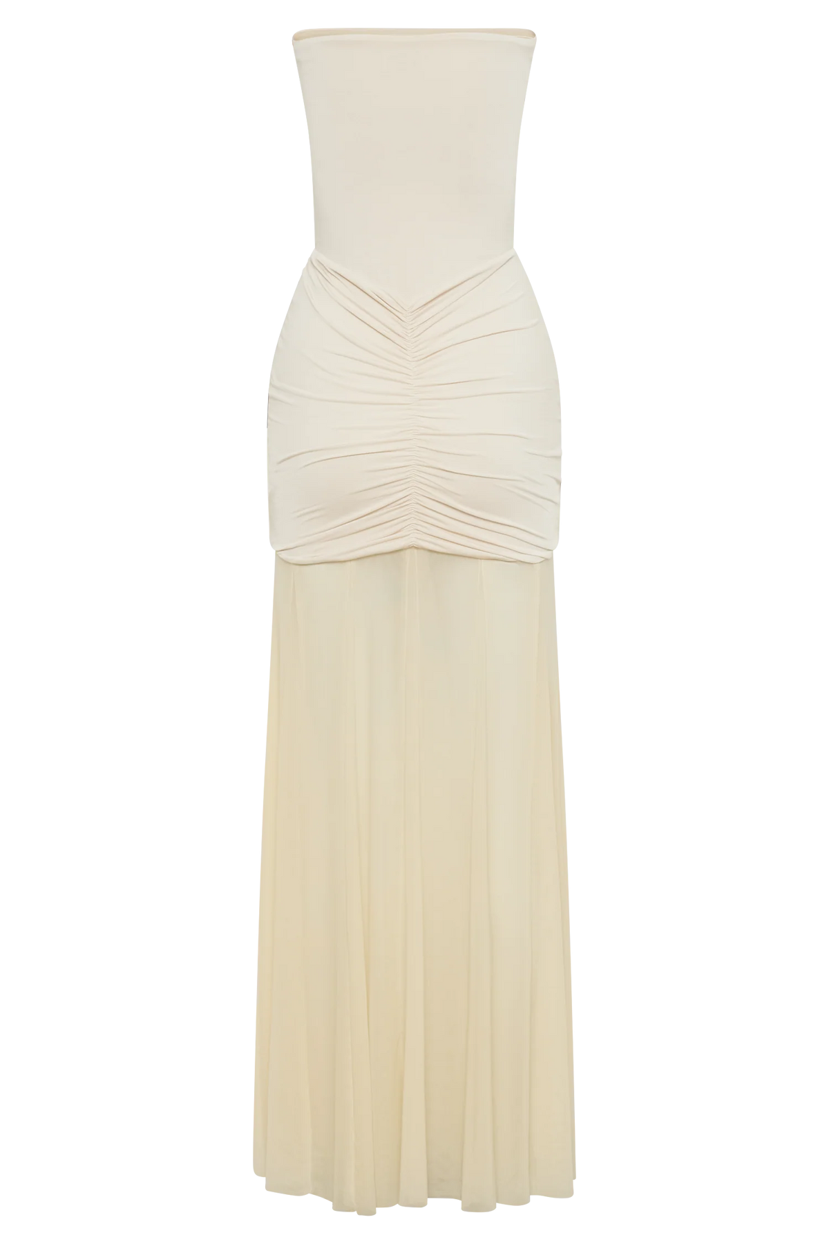 Caspian – Schulterfreies Maxikleid mit Mesh-Akzenten