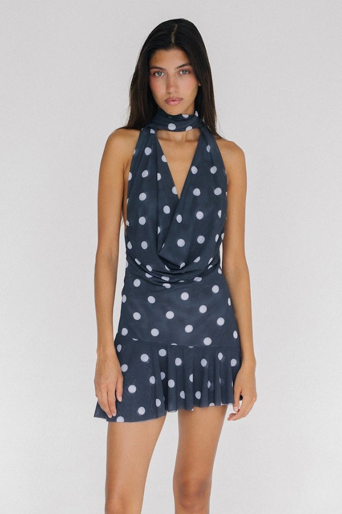Rückenfreies Minikleid mit Neckholder, Punktemuster und Netzdetails