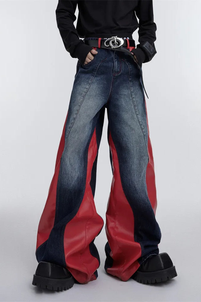 Jeans mit weitem Bein, Patchwork und Kunstleder