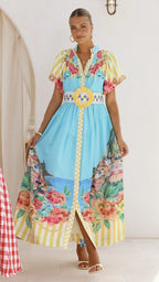 Damen Maxikleid mit Blumenmuster und Gürtel