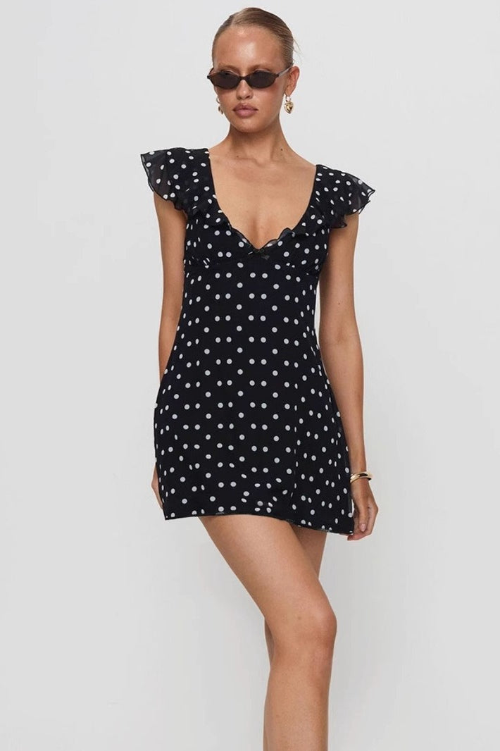 Minikleid mit A-Linie, Punktemuster und Netzdetails in Schwarz