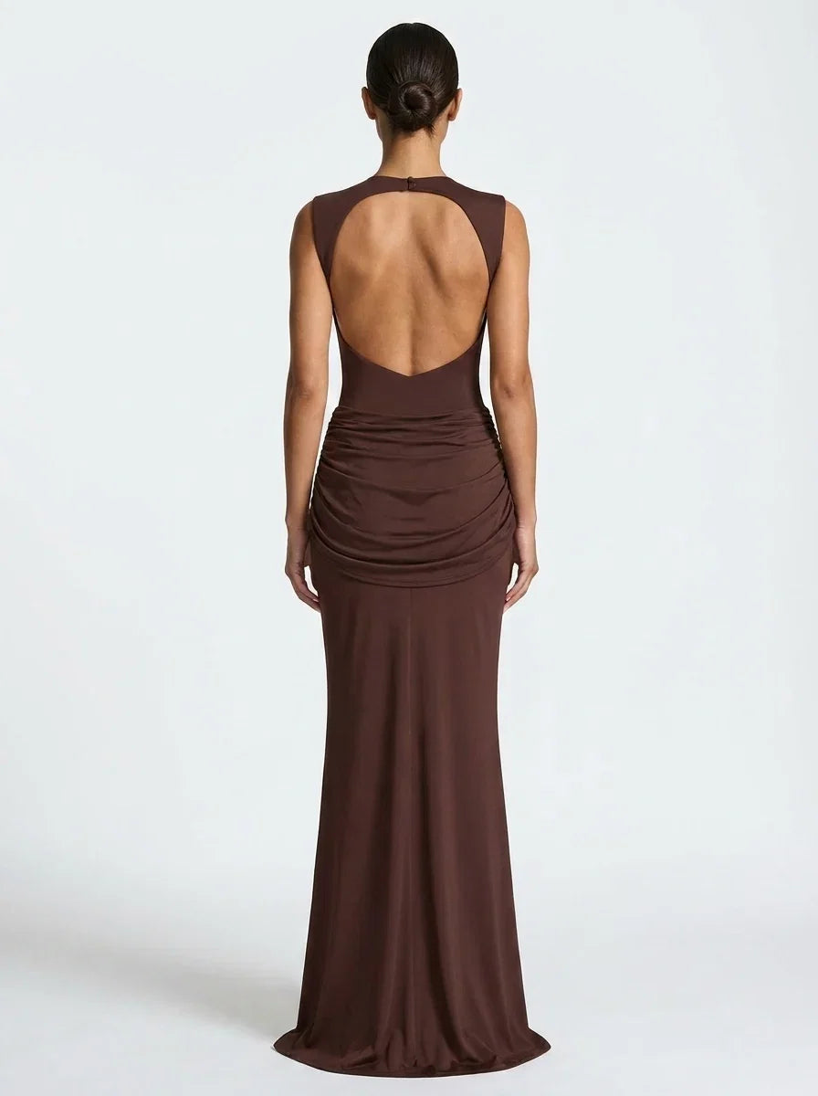 Damen Maxikleid mit Drapierung und Rundhalsausschnitt