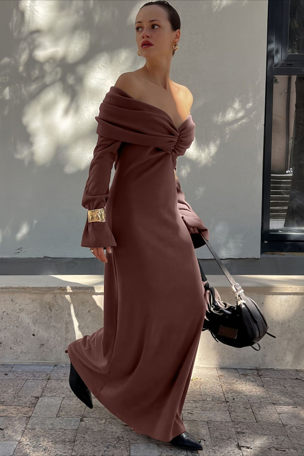 Maxikleid mit Raffung und Strickstruktur