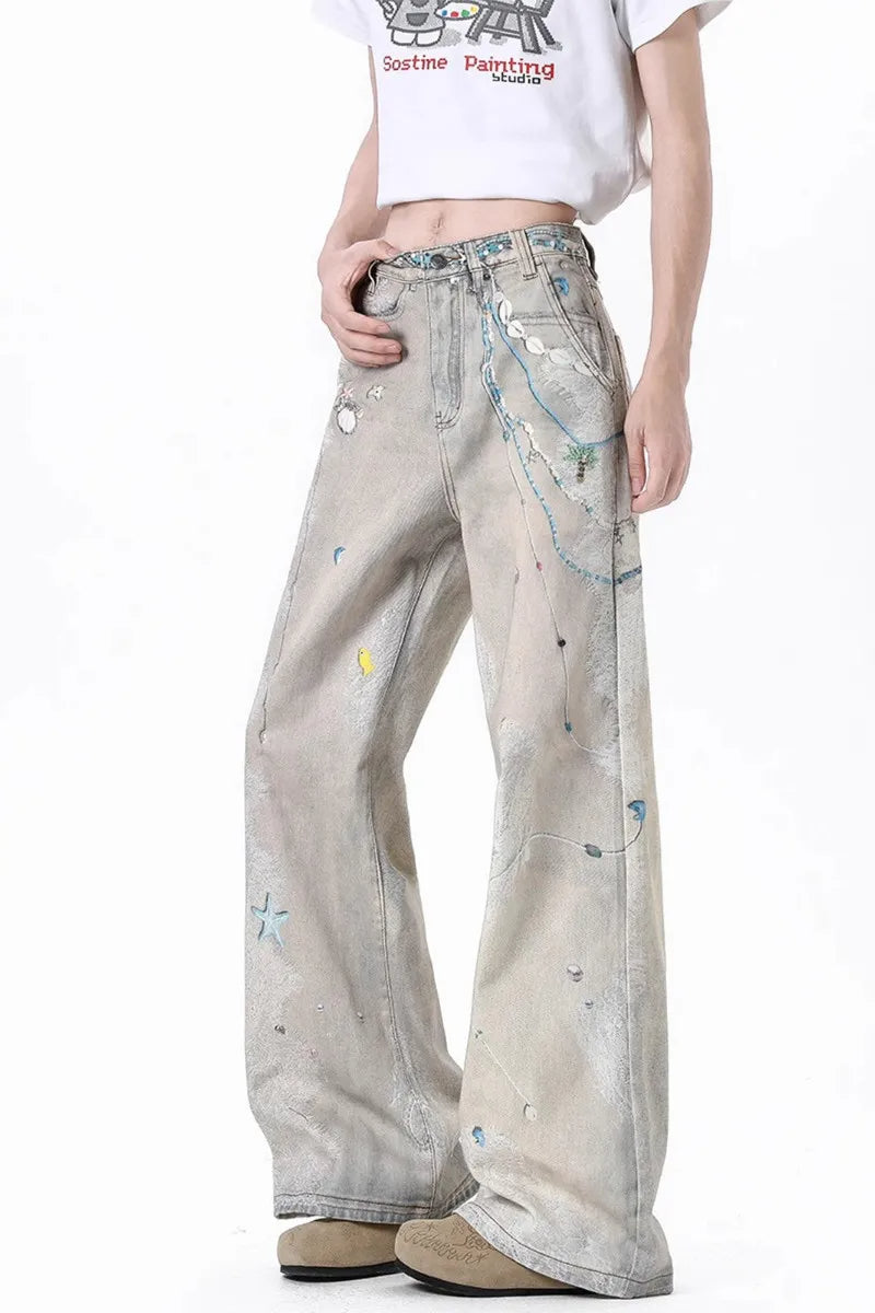 Jeans mit weitem Bein, hoher Taille und Bindedetail