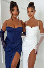 Despina – Satin-Maxikleid mit Beinschlitz und Korsett-Schnürung