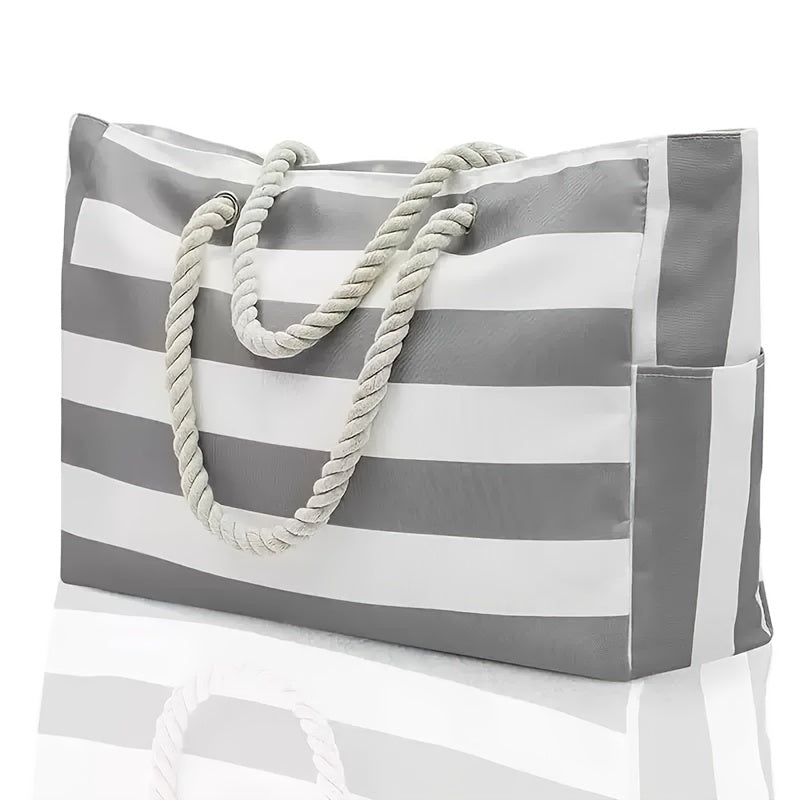 Gestreifte Strandtasche inklusive großem Fassungsvermögen – Langlebiges Polyester mit Reißverschluss