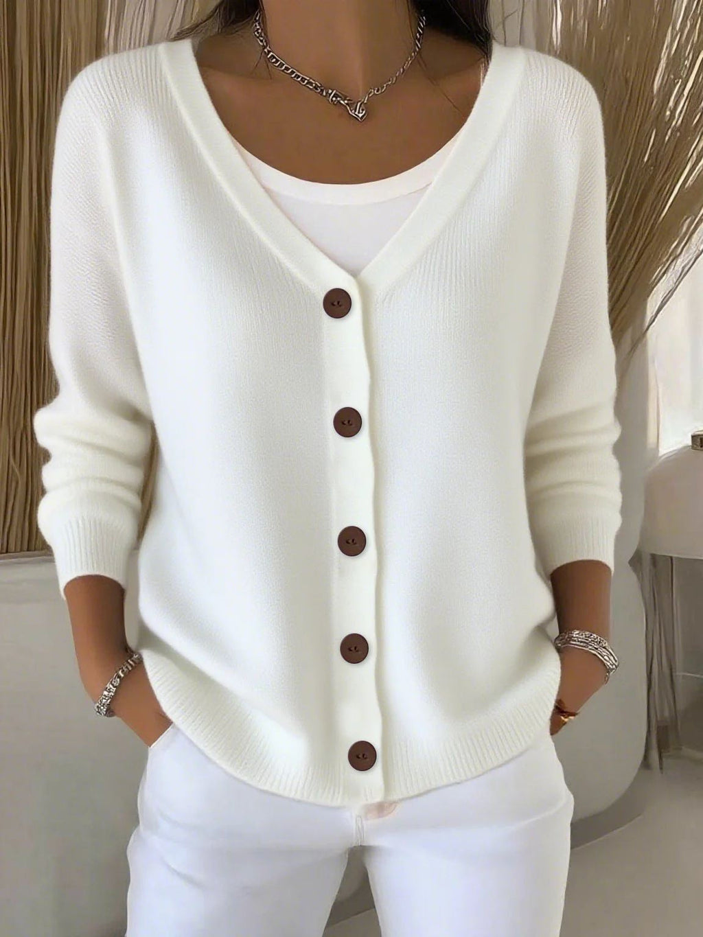 Langarm V-Ausschnitt Knopf Pullover