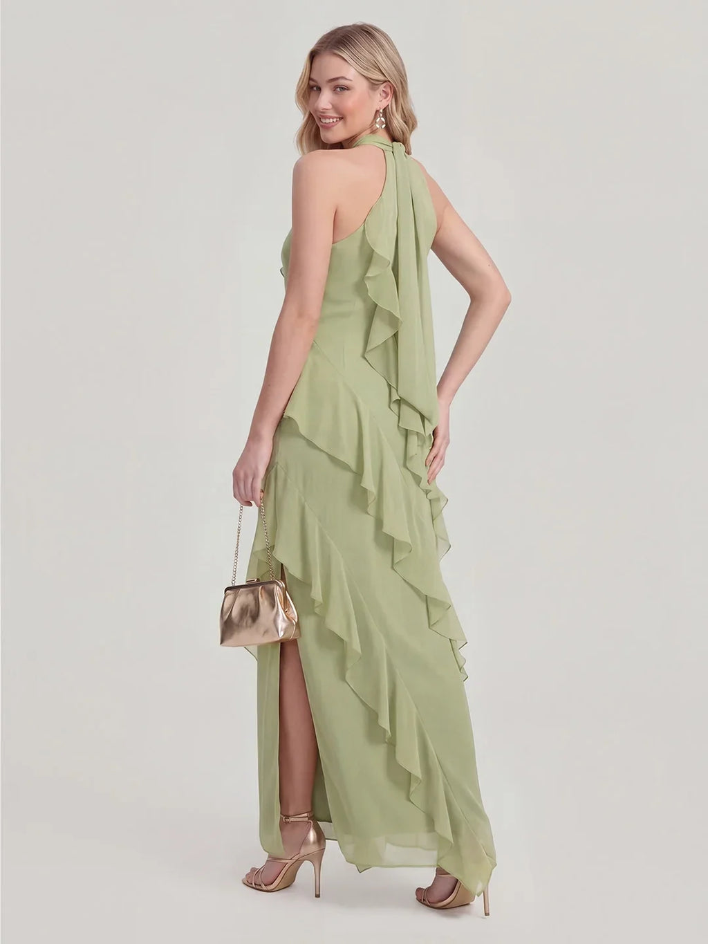 Maxikleid mit Neckholder und Rüschen