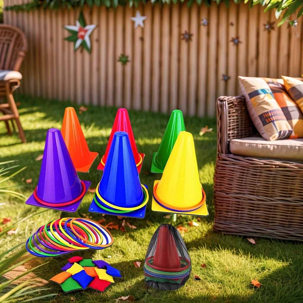 Buntes Ringwurf-Set – Kegel, Ringe sowie Stoffbeutel für Familienspaß