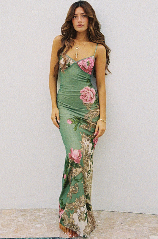 Maxikleid mit Blumenmuster in Grün mit V-Ausschnitt