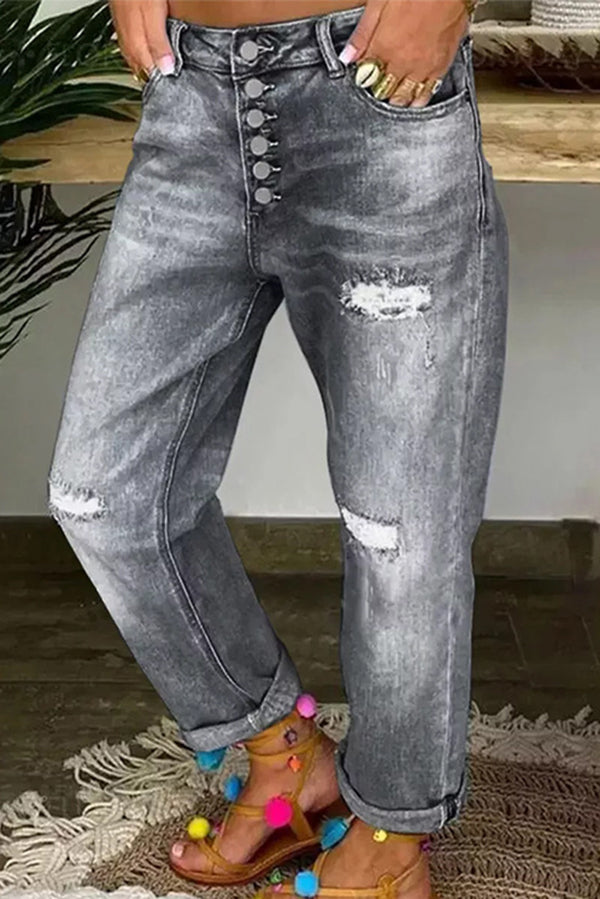 Low-Rise Straight-Leg-Jeans mit Used-Look und Knopfleiste