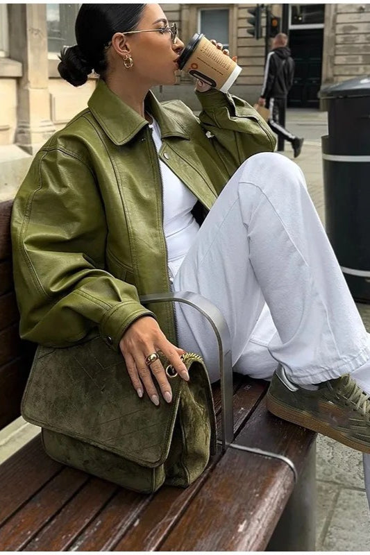 Jacke mit Kunstleder in Grün