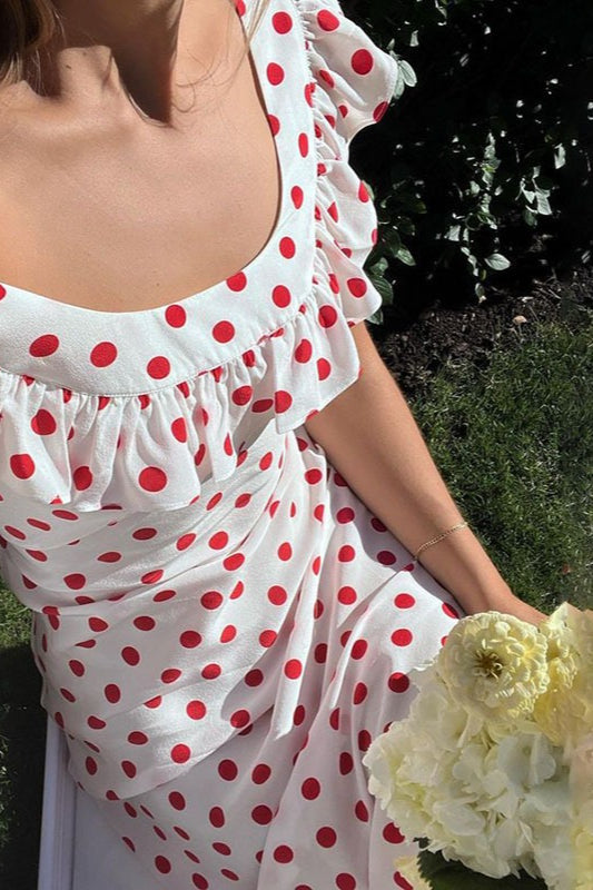 Maxikleid mit A-Linie, Punktemuster und Rüschen