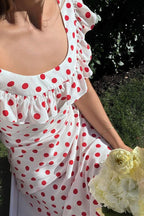 Maxikleid mit A-Linie, Punktemuster und Rüschen