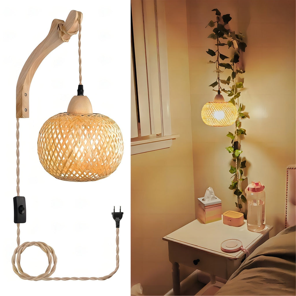 Rustikale Bambus Wandleuchte – Geflochtener Schirm mit Vintage-Stil sowie Stecker