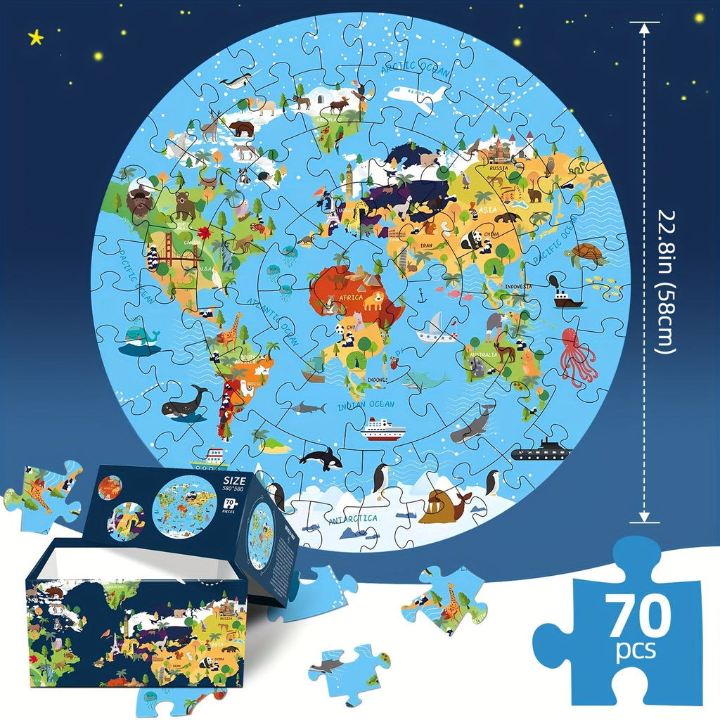 70-teiliges Tierbodenpuzzle: Rundes Weltkarten-Design für Kinder