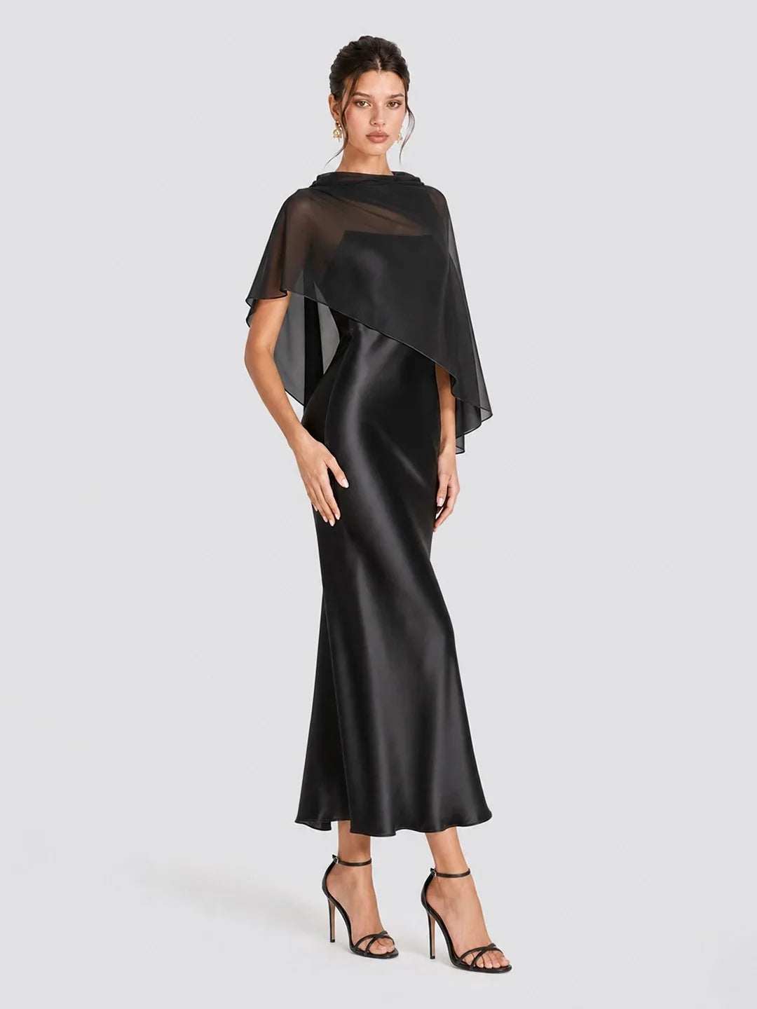 Damen Satin-Maxikleid mit Chiffon-Cape