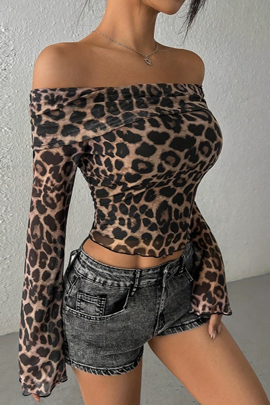 Schulterfreies Top mit kurzem Schnitt und Leopardenmuster