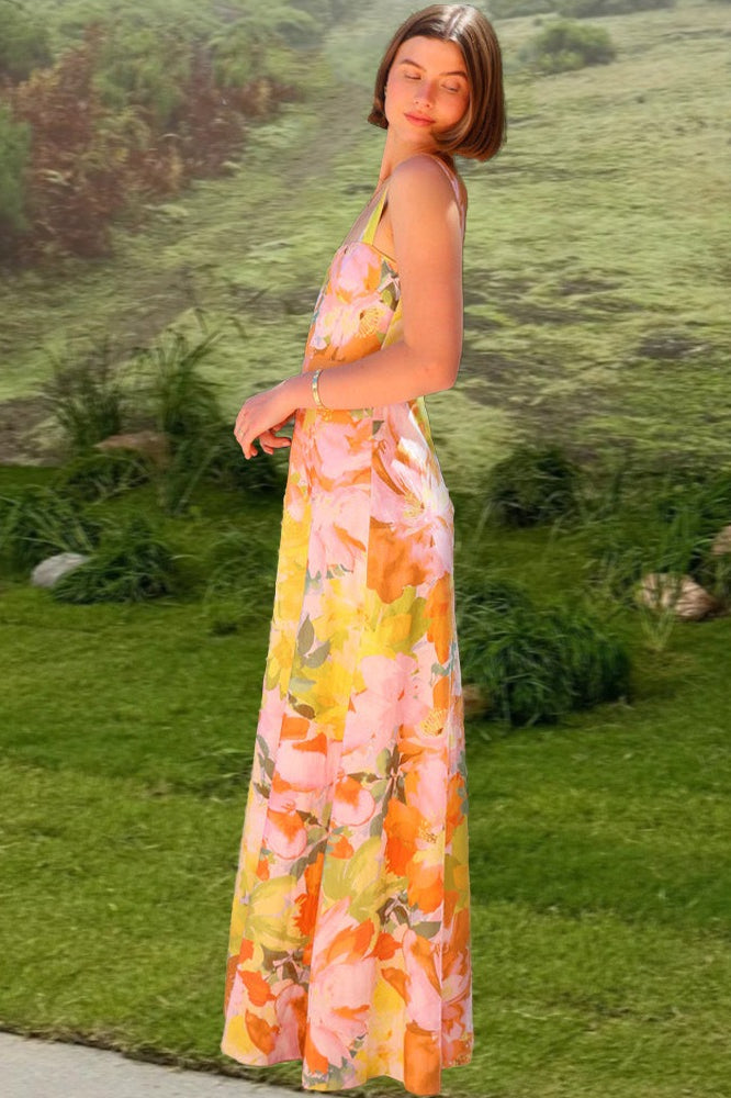 Ärmelloses Maxikleid mit Blumenmuster in Orange
