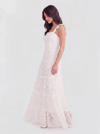 Spitzen-Maxikleid mit eckigem Ausschnitt und Volants