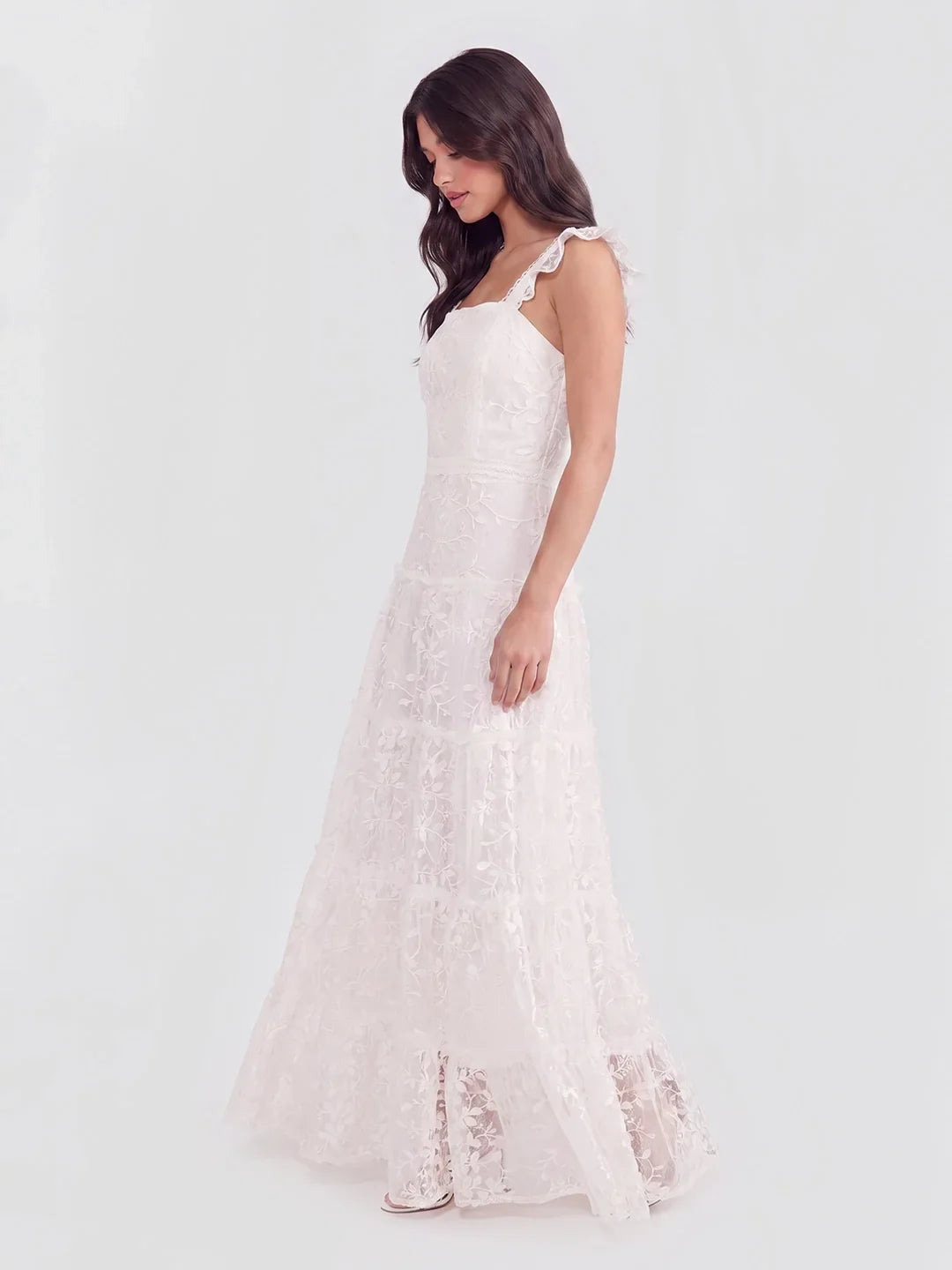 Spitzen-Maxikleid mit eckigem Ausschnitt und Volants