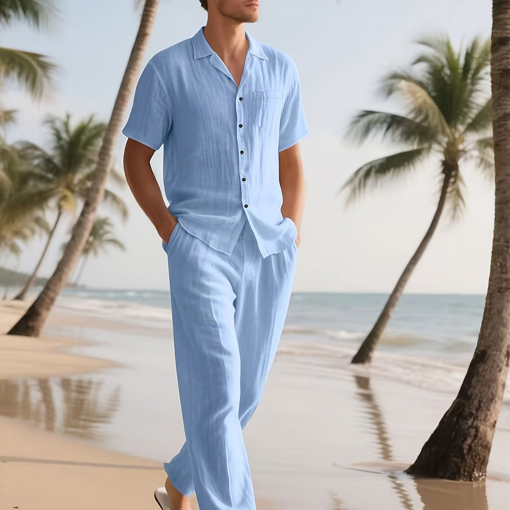 Herren Lässig Leinen Set – Bequem und Luftig mit Langer Hose und Kurzen Ärmeln