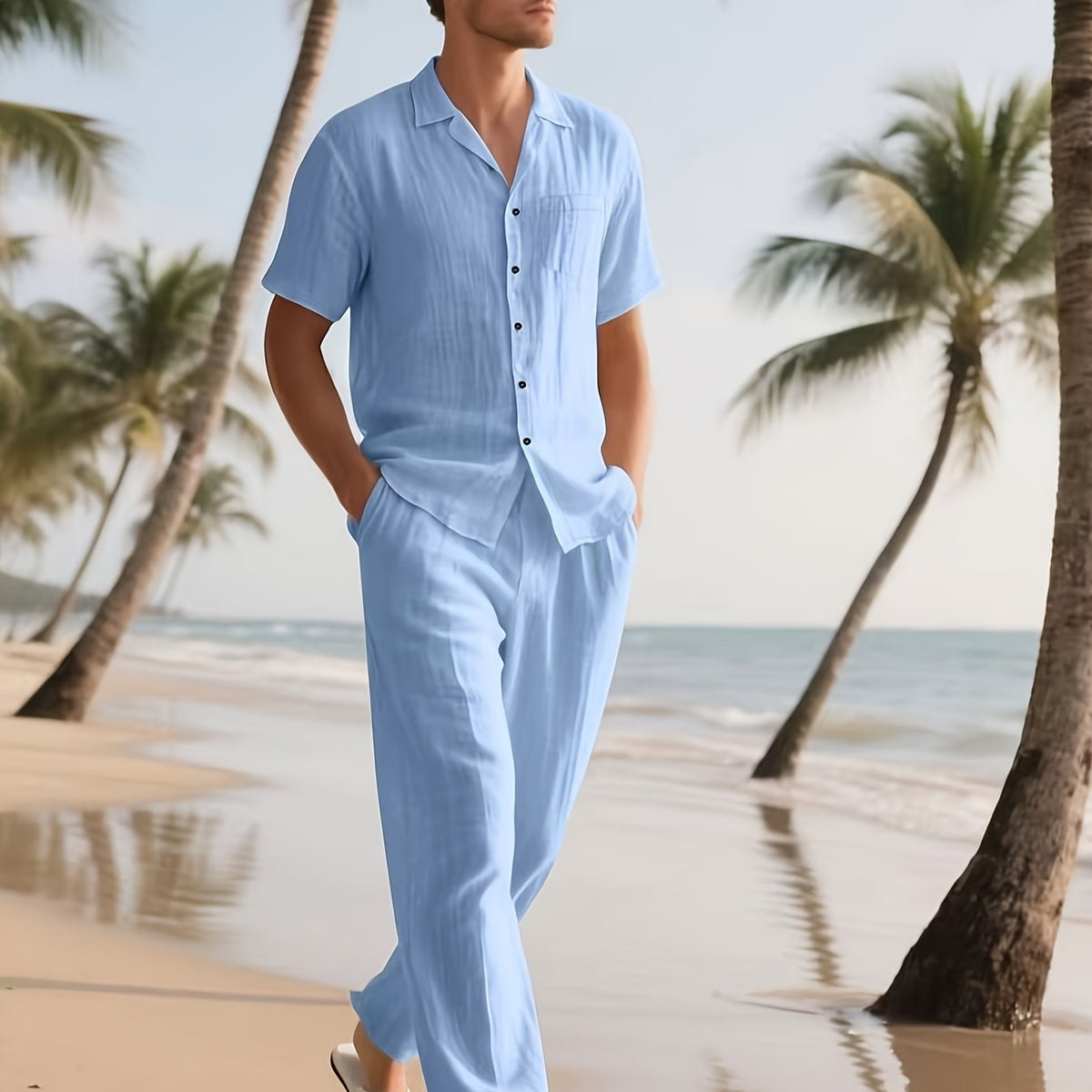 Herren Lässig Leinen Set – Bequem und Luftig mit Langer Hose und Kurzen Ärmeln