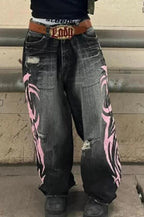 Jeans mit weitem Bein und Druck in Rosa