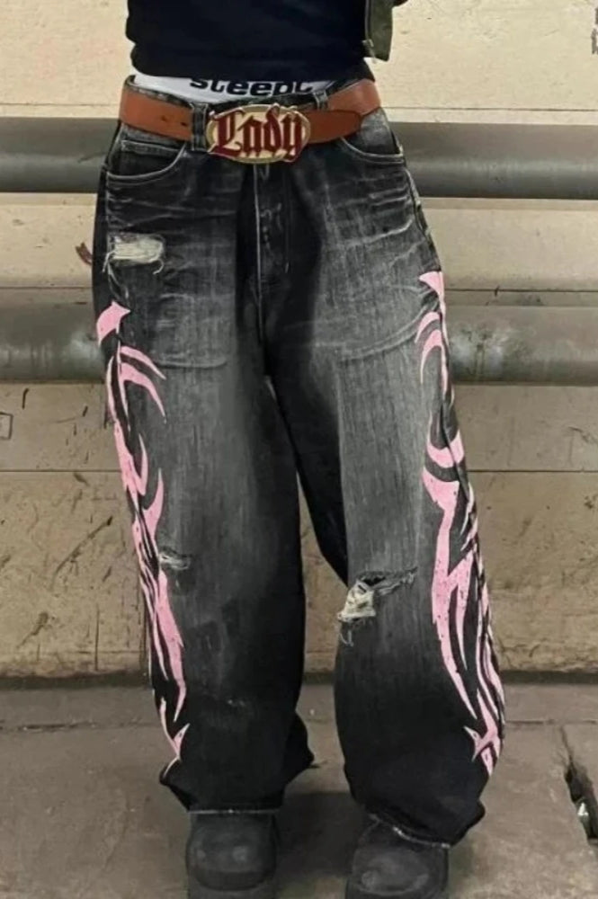 Jeans mit weitem Bein und Druck in Rosa