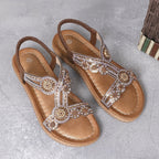 Damen Flache Sandalen mit Strasssteinen sowie Elastischem Band im Boho-Stil