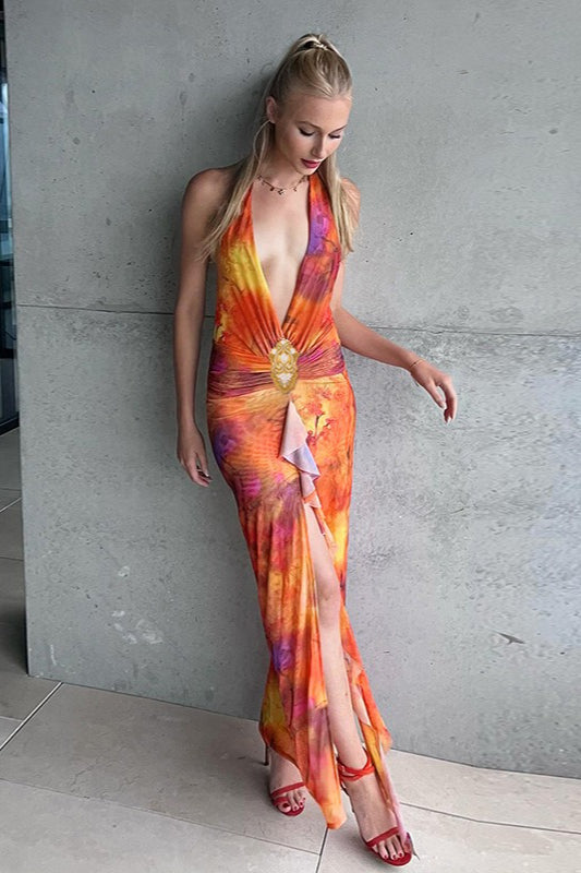 Maxikleid mit Neckholder, Netzdetails und Rüschen