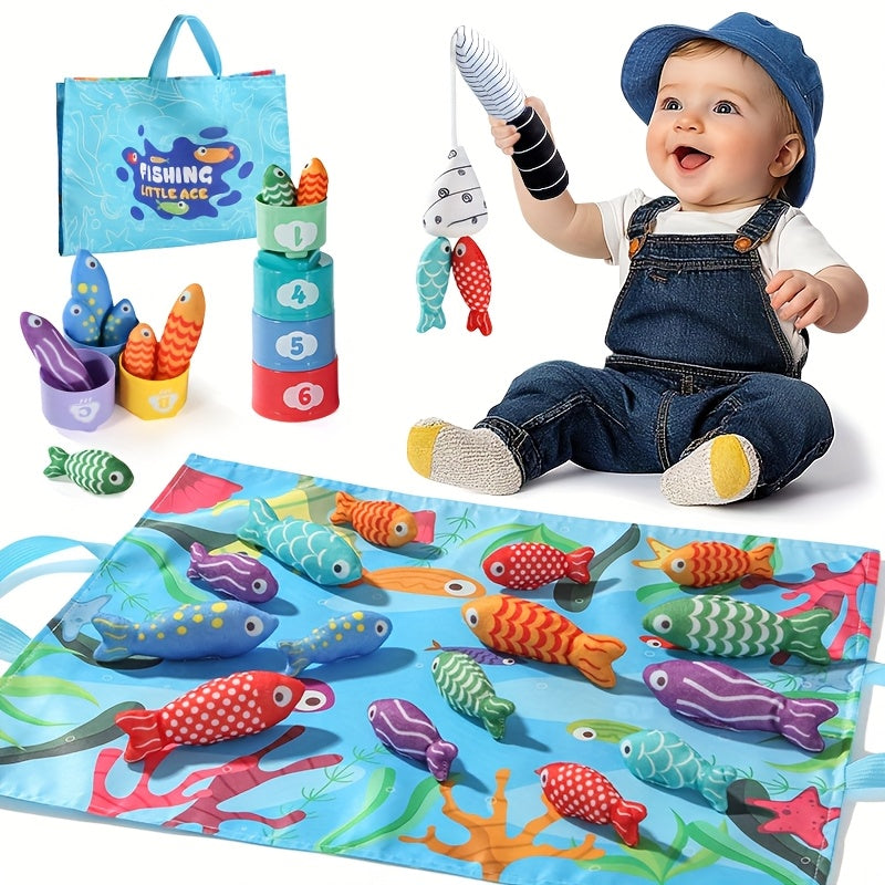 Kinder-Fabric Angelset – Plüschfische sowie Stapelbecher für Lernspaß