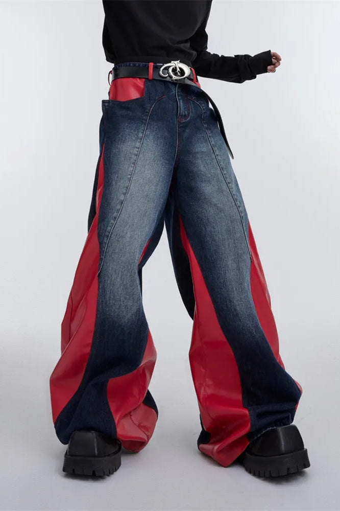 Jeans mit weitem Bein, Patchwork und Kunstleder
