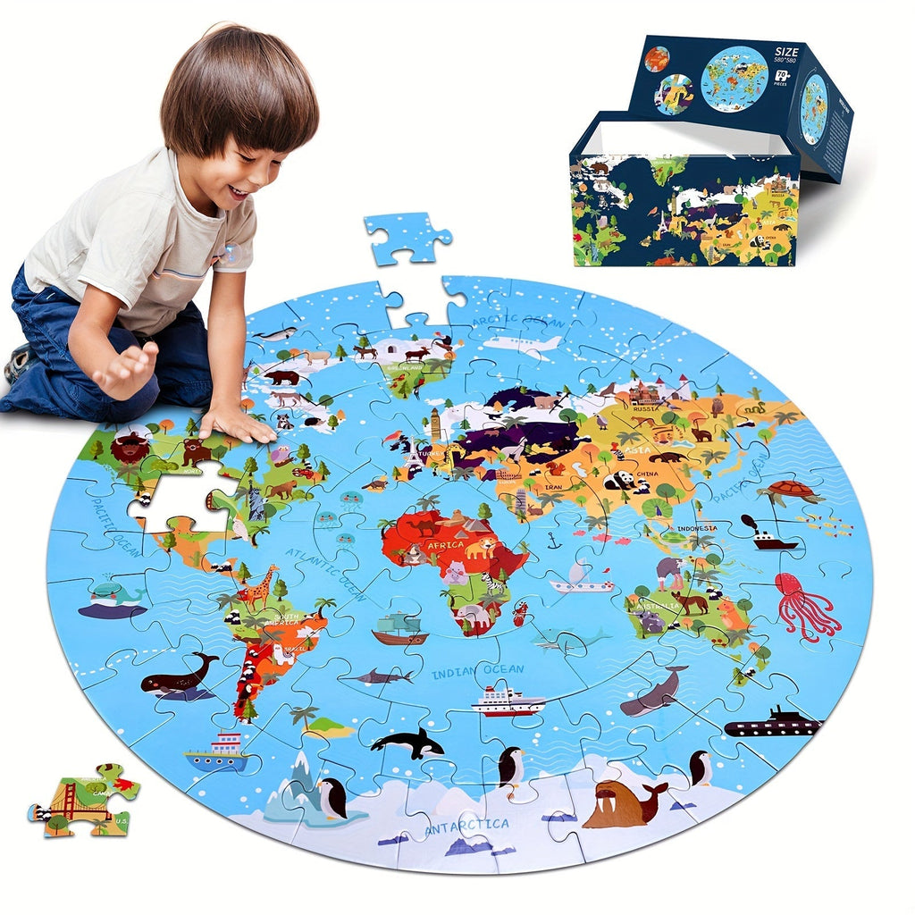 70-teiliges Tierbodenpuzzle: Rundes Weltkarten-Design für Kinder