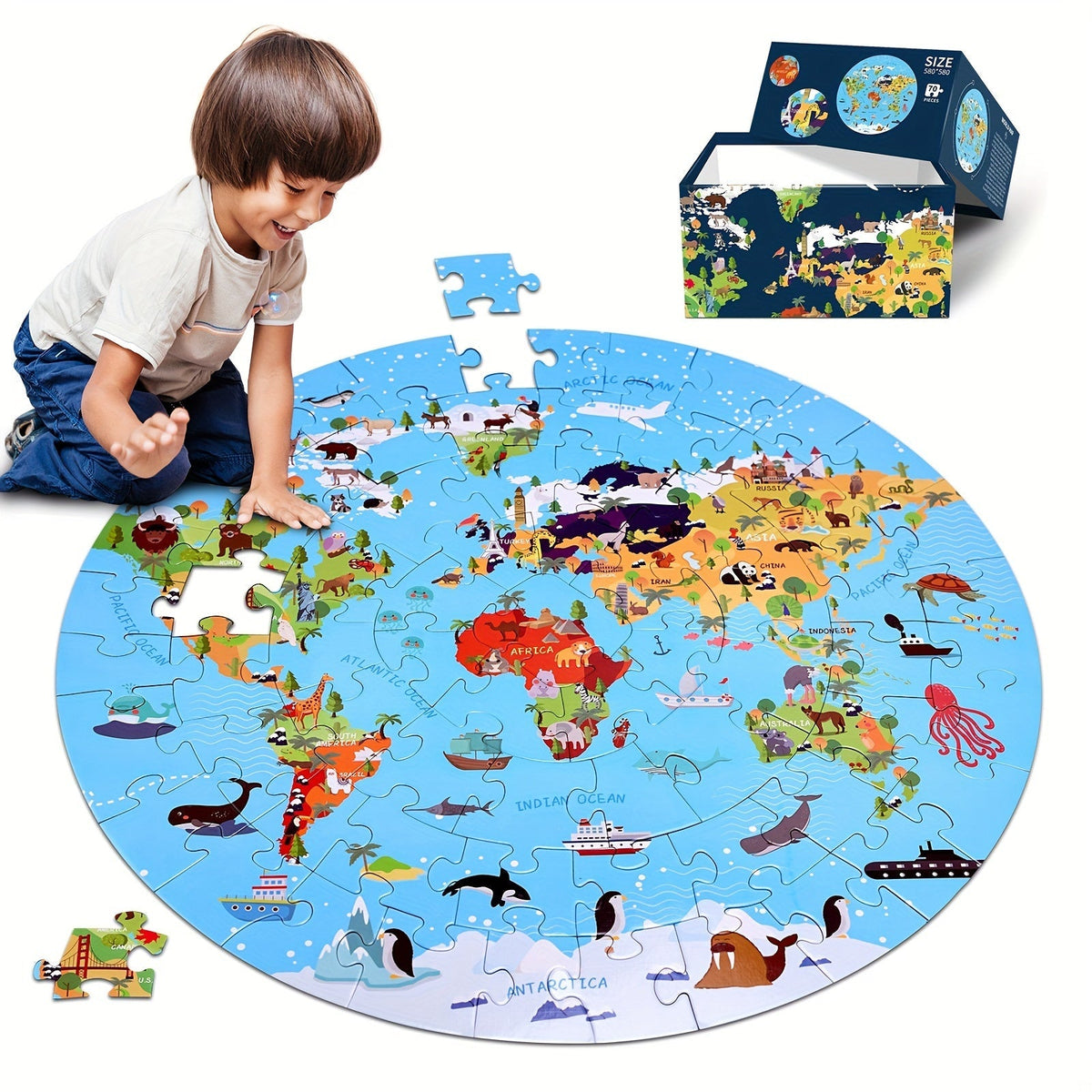 70-teiliges Tierbodenpuzzle: Rundes Weltkarten-Design für Kinder