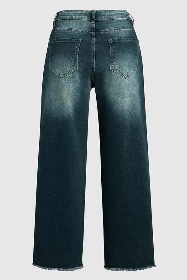 Mid-Rise Straight-Leg-Jeans mit ausgefranstem Saum und aufgesetzten Taschen