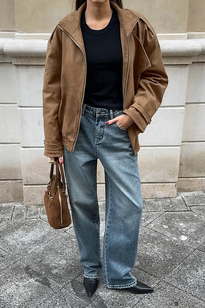 Jacke mit Wildleder in Khaki mit Reverskragen